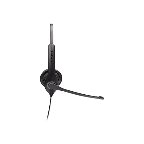 Schwarzes Jabra-Headset mit Mikrofon und Bügel vor weißem Hintergrund.