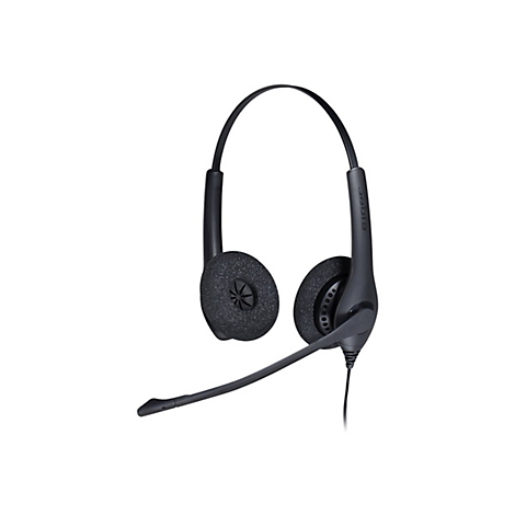 Casque noir avec oreillettes et microphone, connexion par câble. Le nom de la marque Jabra est visible sur le serre-tête.