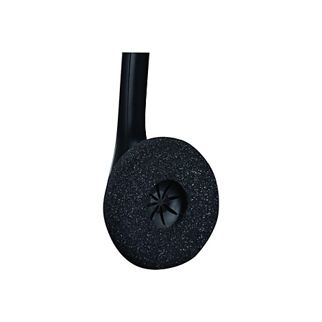Gros plan d'un casque noir, Ã©couteur avec motif en forme d'Ã©toile.