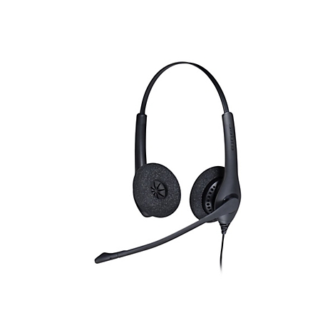 Casque noir avec microphone flottant sur fond blanc. Le nom de la marque 'Jabra' est clairement visible.
