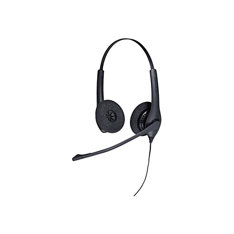 Casque noir avec microphone flottant sur fond blanc.