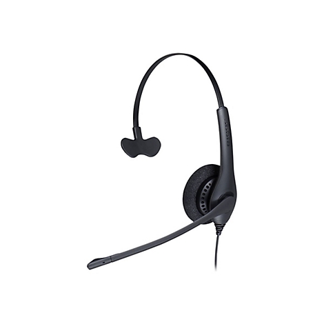 Schwarzes Headset auf weißem Hintergrund. Der Bügel verläuft über dem Kopf, der Hörer bedeckt das Ohr.