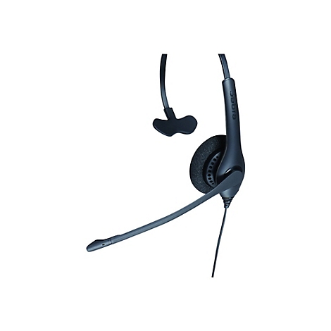 Dunkelgraues Headset, mit Mikrofon und Ohrpolster, Kabel. Auf dem Bügel steht 'Jabra'.