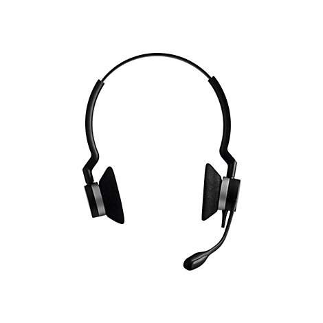 Schwarzes Headset mit Ohrmuscheln und Mikrofon auf weißem Hintergrund.