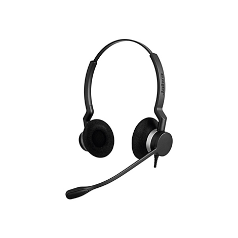 Schwarzes Jabra-Headset mit Ohrpolstern, Mikrofon und Bügel.