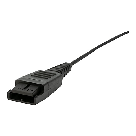 Schwarzer Stecker mit Kabel, Nahaufnahme. Der Stecker hat rechteckige Form mit zwei Öffnungen und das Kabel verläuft nach oben rechts.