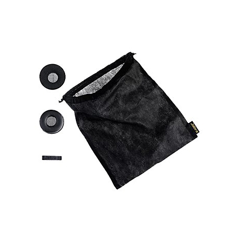 Schwarze Ohrpolster und eine Tasche mit "Jabra"-Logo.