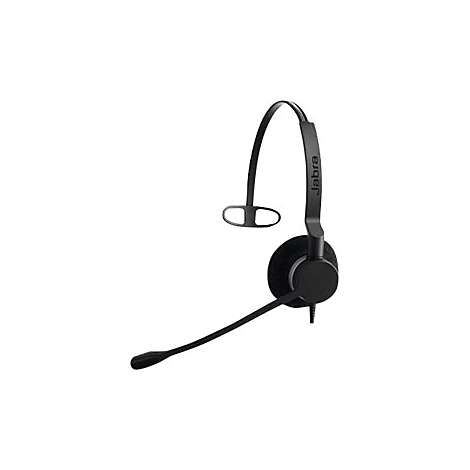 Schwarzes Jabra-Headset mit Bügel, Ohrhörer und Mikrofon. Auf dem Bügel steht "Jabra".