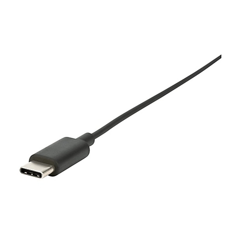 Ein schwarzes USB-C-Kabel, das diagonal über den weißen Hintergrund verläuft.