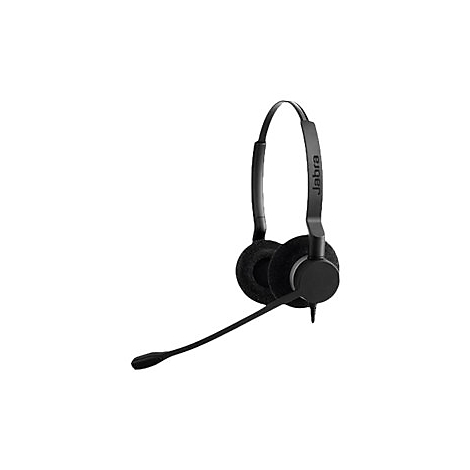 Schwarzes Jabra-Headset mit Ohrpolstern, Mikrofon und Bügel, vor weißem Hintergrund.
