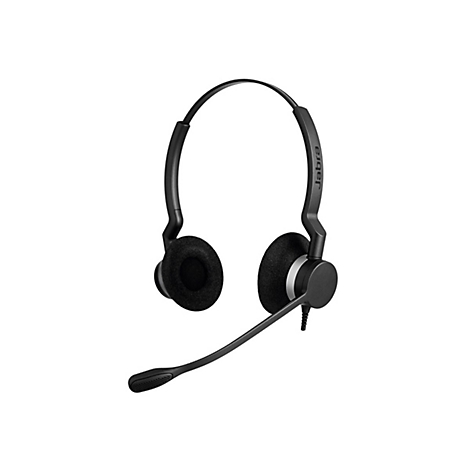 Schwarzes Jabra-Headset mit Ohrpolstern, Mikrofon und Bügel.