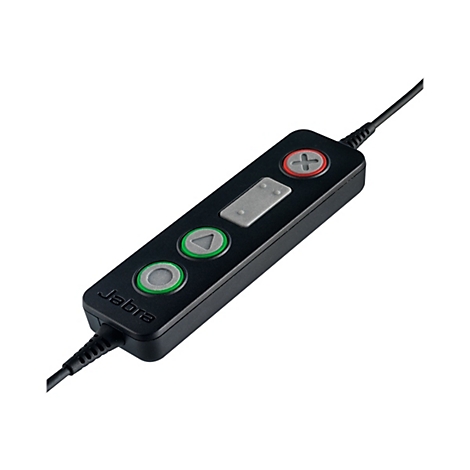 Nahaufnahme eines schwarzen Jabra-Steuergeräts mit verschiedenen Tasten und einem Kabel, das aus dem Gerät herausragt.