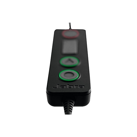 Nahaufnahme eines schwarzen Jabra-Bedienteils mit Knöpfen. Oben rot, darunter zwei grüne Knöpfe und Jabra-Logo.