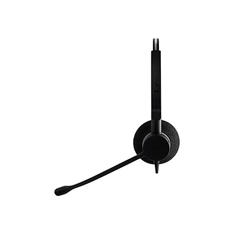 Schwarzes Jabra-Headset mit Mikrofon und gepolstertem Ohrhörer. Der Kopfhörer ist auf weißem Hintergrund zentriert.