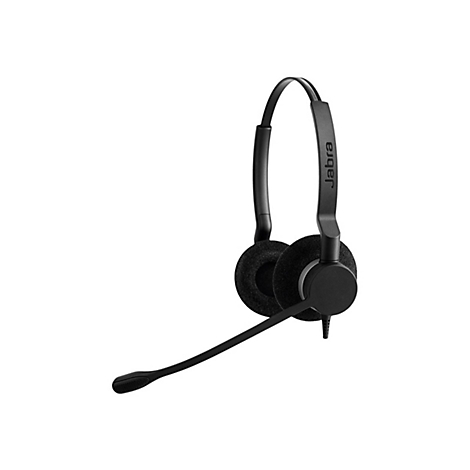 Schwarzes Jabra Headset mit Mikrofon, Detailaufnahme vor weißem Hintergrund.