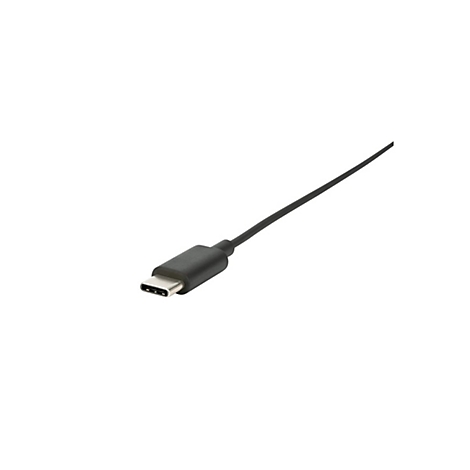 Schwarzes USB-C-Kabel, diagonal von unten links nach oben rechts, isoliert auf weißem Hintergrund.