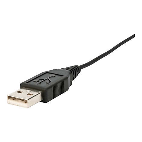Nahaufnahme eines schwarzen USB-Kabels, Stecker mit USB-Symbol.