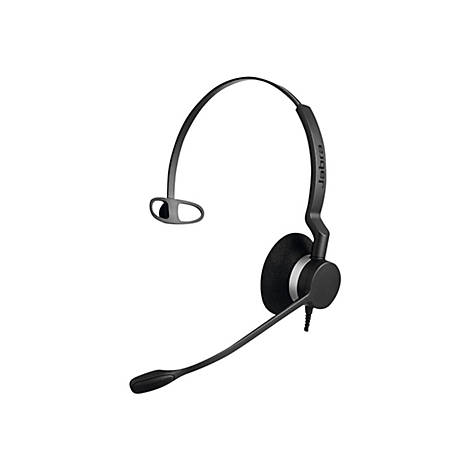 Ein schwarzes Headset von Jabra mit Mikrofon und gepolstertem Ohrhörer. Der Bügel trägt den Schriftzug Jabra.
