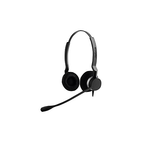 Schwarzes Headset mit BÃ¼gel, zwei Ohrmuscheln und Mikrofon. Auf dem BÃ¼gel steht Jabra.