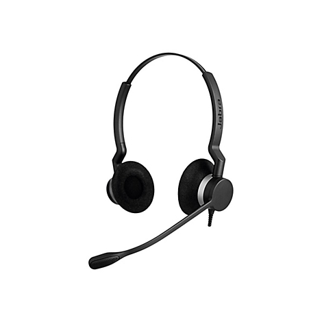 Schwarzes Headset mit BÃ¼gel und Mikrofon. Auf der rechten Seite steht Jabra.