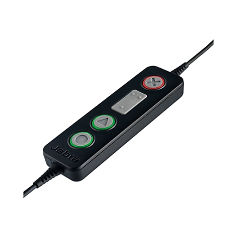 Schwarze Fernbedienung mit KnÃ¶pfen. Oben rotes Symbol, Pfeil, grÃ¼nes Symbol. Jabra Schriftzug. Kabel.