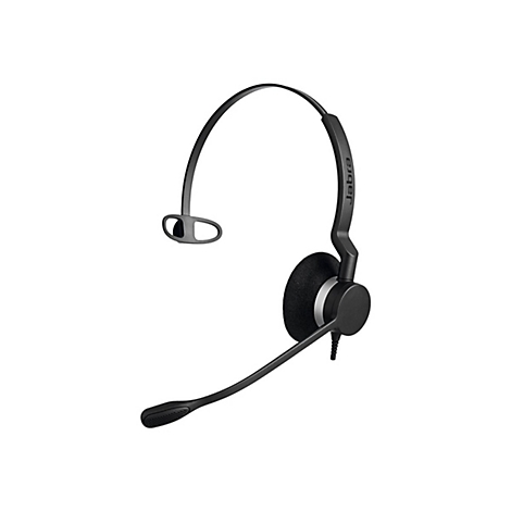 Schwarzes Jabra-Headset mit Bügel und Mikrofon. Der Bügel verläuft über den Kopf zum Ohr, der Lautsprecher hat einen gepolsterten Überzug. Das Mikrofon zeigt nach unten.