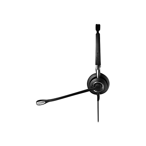 Schwarzes Headset mit Mikrofon. Auf dem BÃ¼gel steht Jabra.