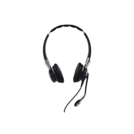 Ein schwarzes Headset auf weißem Hintergrund. Es besteht aus zwei Ohrmuscheln, einem Mikrofon und einem verstellbaren Bügel.