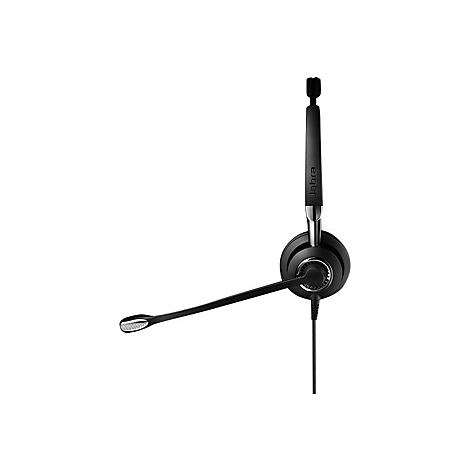 Schwarzes Jabra Headset mit Mikrofonarm und Kabel, vor weißem Hintergrund.