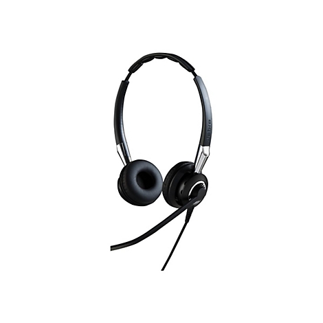 Schwarzes Jabra-Headset mit Mikrofon, silbernen Akzenten und sichtbarem Kabel. Auf weißem Hintergrund.