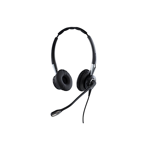 Schwarzes Headset mit Mikrofon, Jabra-Logo. Gepolsterte Ohrmuscheln, Bügel über Kopf, Mikrofonarm. Auf weißem Hintergrund.
