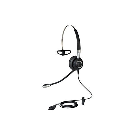 Schwarzes Headset mit Bügel und Mikrofon, Kabel mit Anschluss.