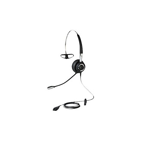 Schwarzes Headset mit Mikrofon und Kabel, auf weißem Hintergrund.