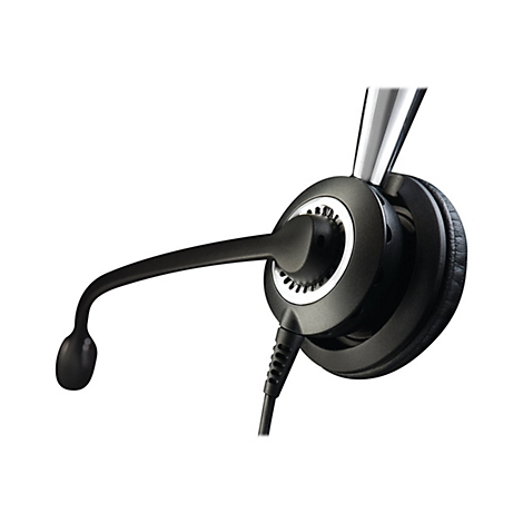 Nahaufnahme eines schwarzen Headsets, das teilweise abgebildet ist. Das Mikrofon ist links, der KopfhÃ¶rer rechts.
