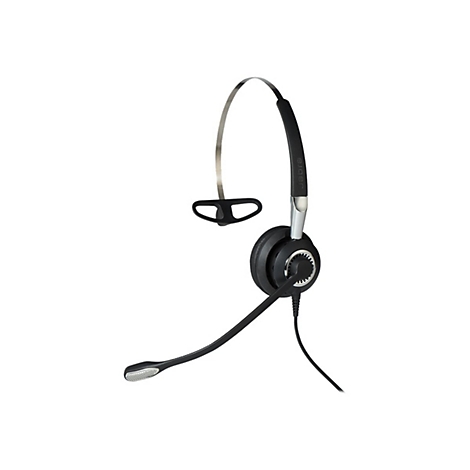 Schwarzes Headset mit Mikrofon, BÃ¼gel und OhrbÃ¼gel, vor weiÃŸem Hintergrund.