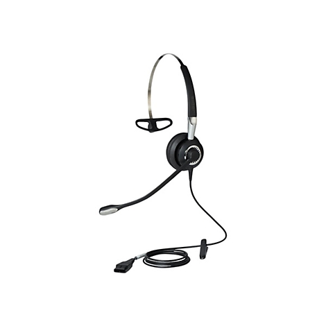 Schwarzes Headset auf weißem Hintergrund. Das Headset besteht aus Kopfhörer, Mikrofon und Kabel. Das Jabra Logo ist zu sehen.