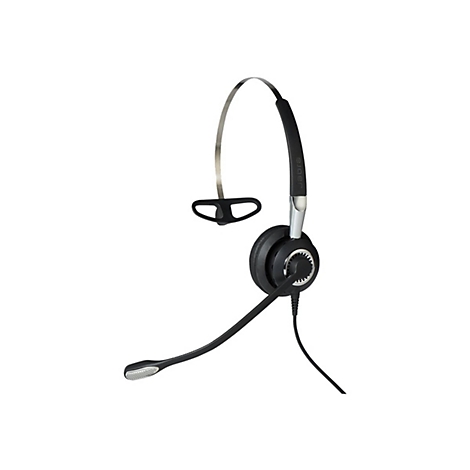 Schwarz-silbernes Jabra-Headset mit Mikrofon, Kabelanschluss, Ohrbügel und Kopfband.