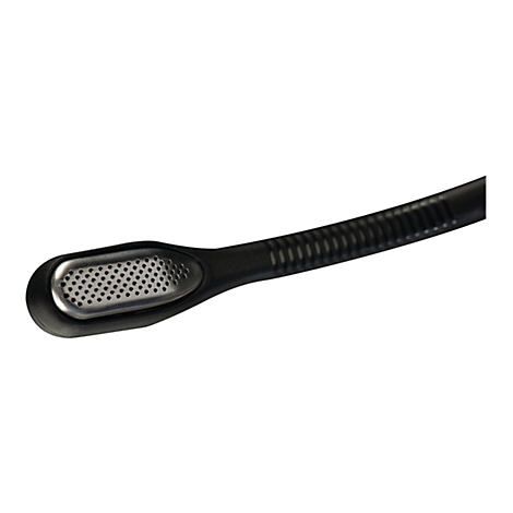 Gros plan d'un microphone noir, perforÃ© Ã  l'extrÃ©mitÃ© du microphone.