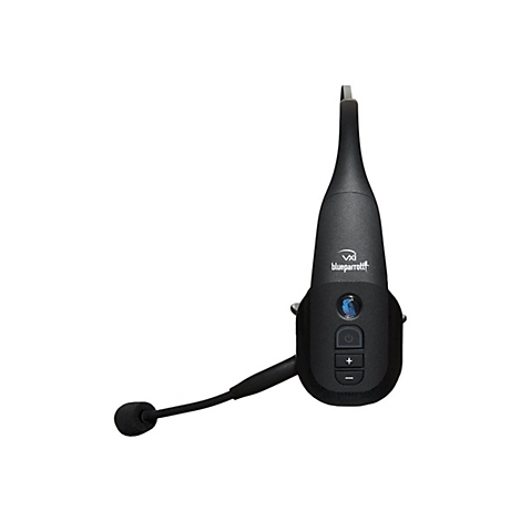 Schwarzes Bluetooth-Headset mit Mikrofon und Logos. Das Headset hat eine gebogene Form und Bedientasten.