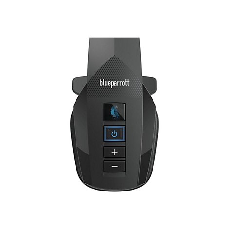 Schwarzes Headset, Logo 'blueparrott'. Bedienknöpfe mit Plus, Minus, Power-Symbol.