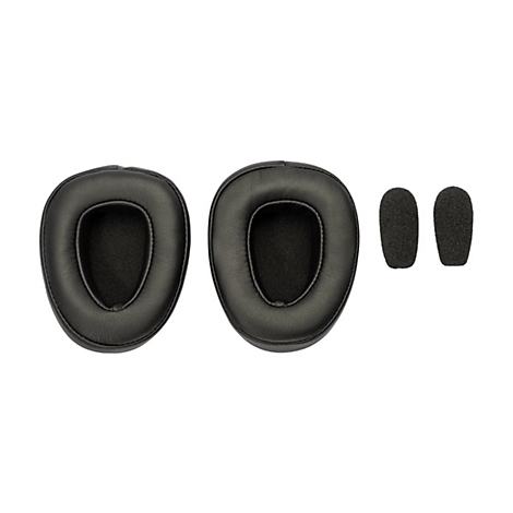 Zwei schwarze Ohrpolster und zwei Mikrofon-Abdeckungen auf weißem Hintergrund.