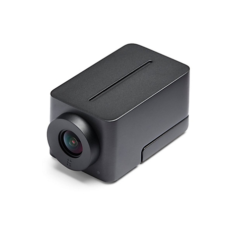 Dunkelgraue Überwachungskamera mit rundem Objektiv und flachem Gehäuse, Detailansicht.