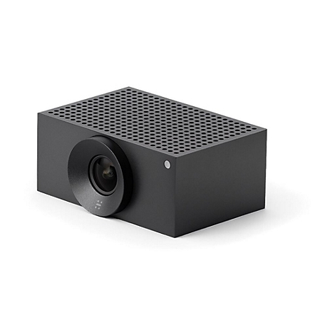 Schwarze Kamera mit Lochmuster auf der Oberseite und rundem Objektiv. Ein weißer Punkt befindet sich auf der Seite.