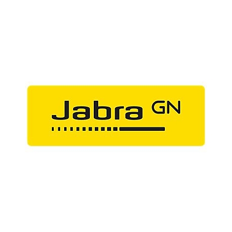 Gelbes Rechteck mit schwarzem Schriftzug Jabra GN.