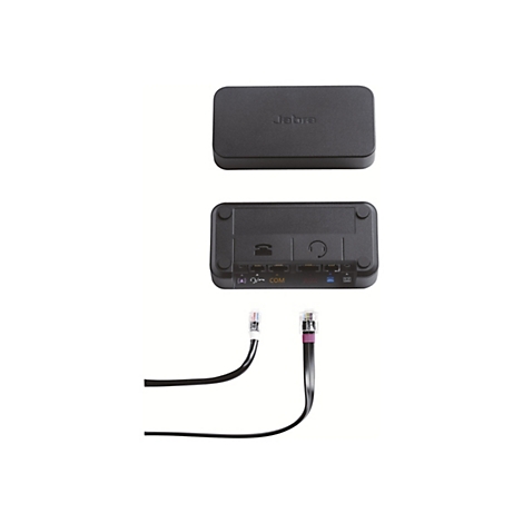 Draufsicht auf ein Jabra-Telefonmodul, bestehend aus drei Elementen: Deckel, Hauptmodul und zwei Kabel mit RJ-Buchsen.