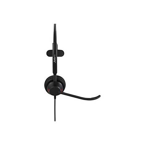 Ein schwarzes Headset mit Mikrofon auf weißem Hintergrund. Der Schriftzug "Jabra" ist auf dem Kopfband zu sehen.
