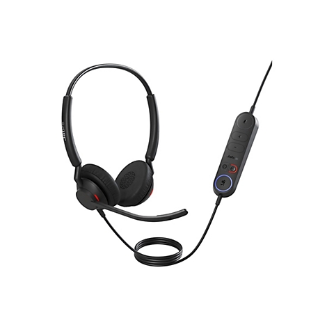 Schwarzes Jabra-Headset mit Bügel und Mikrofon, sowie einer Fernbedienung mit Knöpfen. Das Headset ist auf weißem Hintergrund abgebildet.