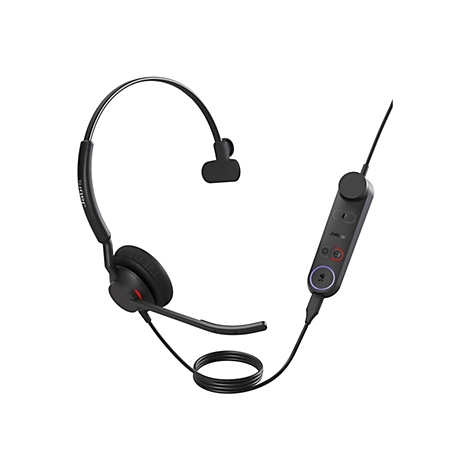 Schwarzes Jabra-Headset mit Bügel und Mikrofon. Kabel mit Bedienelementen und Logo.