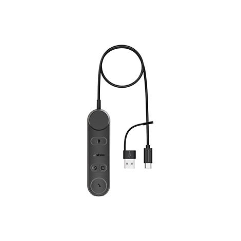 Schwarzes Jabra-Headset mit Kabel, USB- und Klinkenanschluss. Bedienteil mit Mikrofon- und Rufannahmetaste.