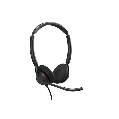 Schwarzes Headset mit Ohrmuscheln und Mikrofon, Jabra Logo, roter Akzent. Auf weißem Hintergrund.
